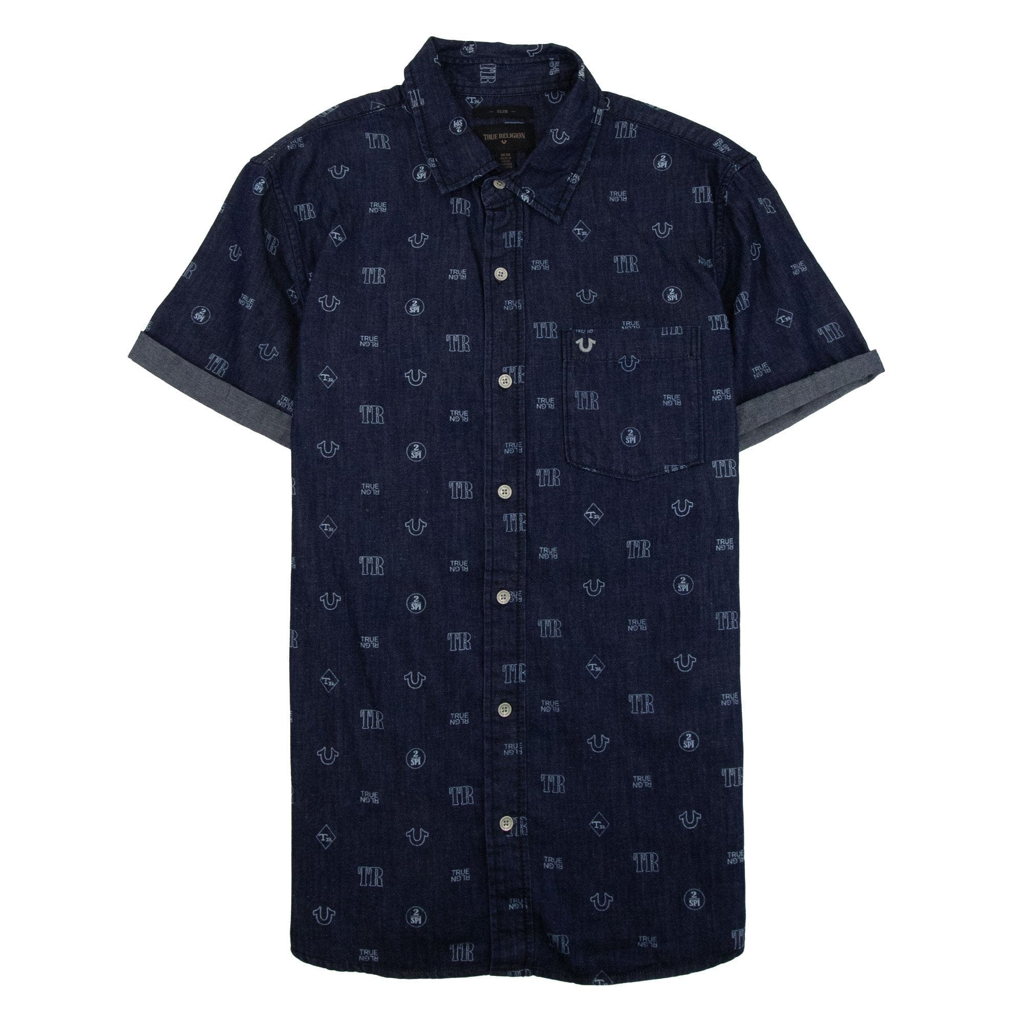 True Religion All Over Monogram Print Shirt Blue
