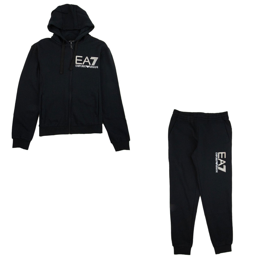 EA7 Large Silver Logo Hooded Tracksuit Black