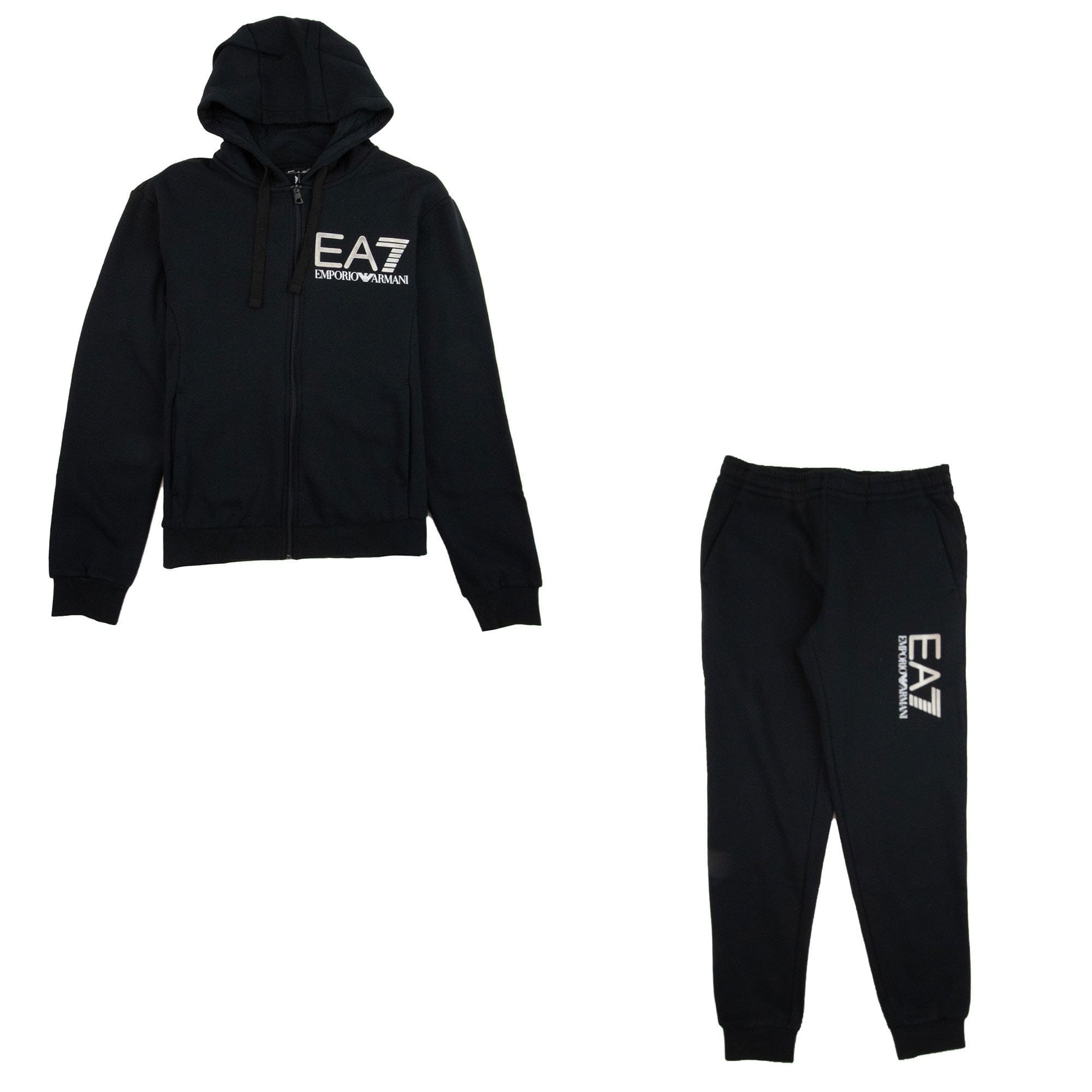 EA7 Large Silver Logo Hooded Tracksuit Black