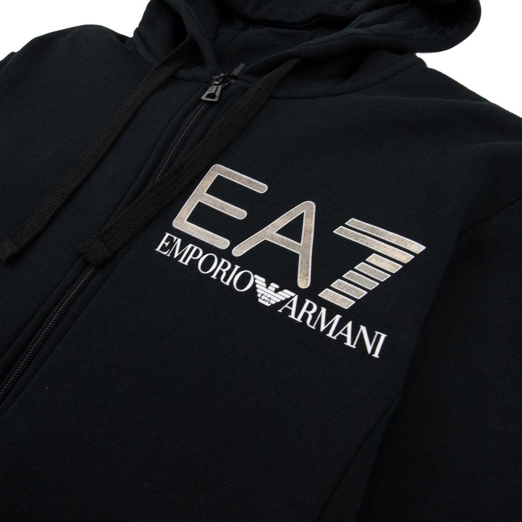 EA7 Large Silver Logo Hooded Tracksuit Black