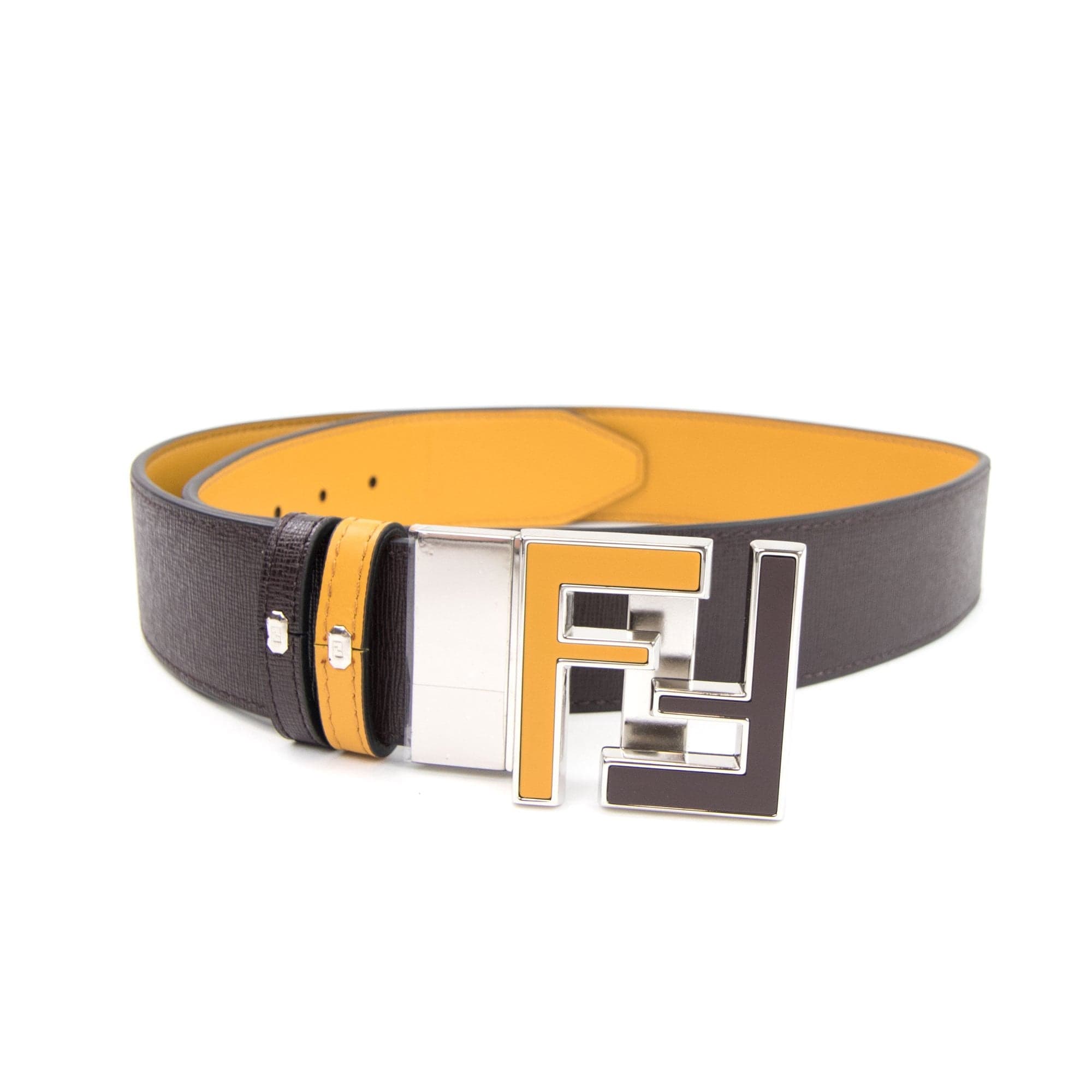 Fendi FF Logo Smooth Leather Reversible Belt Brown/yellow