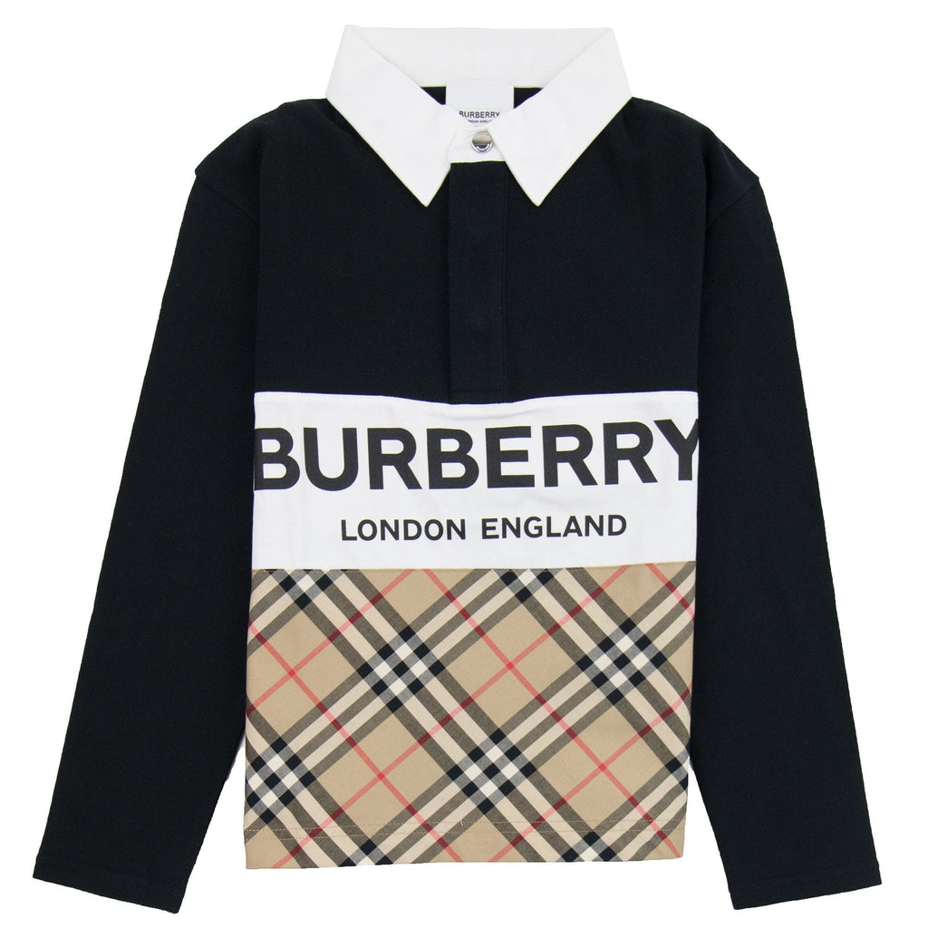 Burberry Children Logo Print Check Panel Long-sleeve Polo Shirt Black