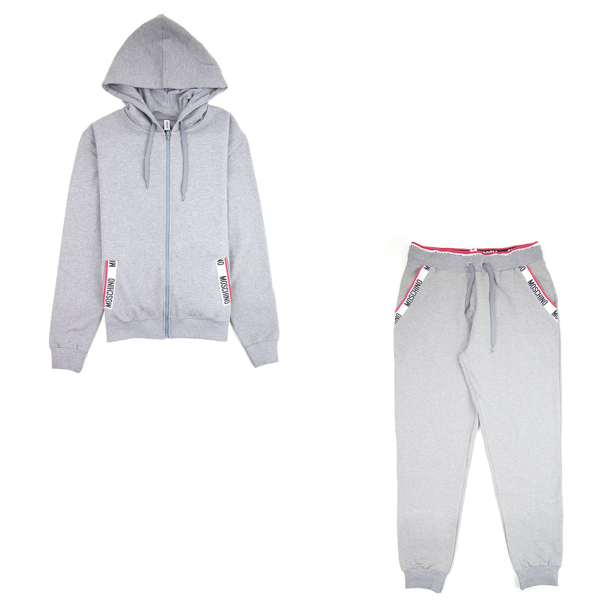 Moschino Underwear 2pcs Tracksuit Tape Logo Pocket Zip Up Hoody Grey 0506