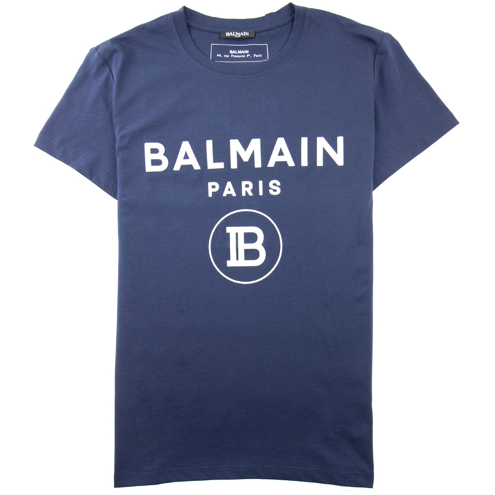 Balmain Printed White Velvet Logo T-Shirt Navy