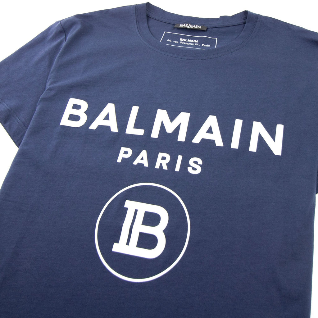 Balmain Printed White Velvet Logo T-Shirt Navy