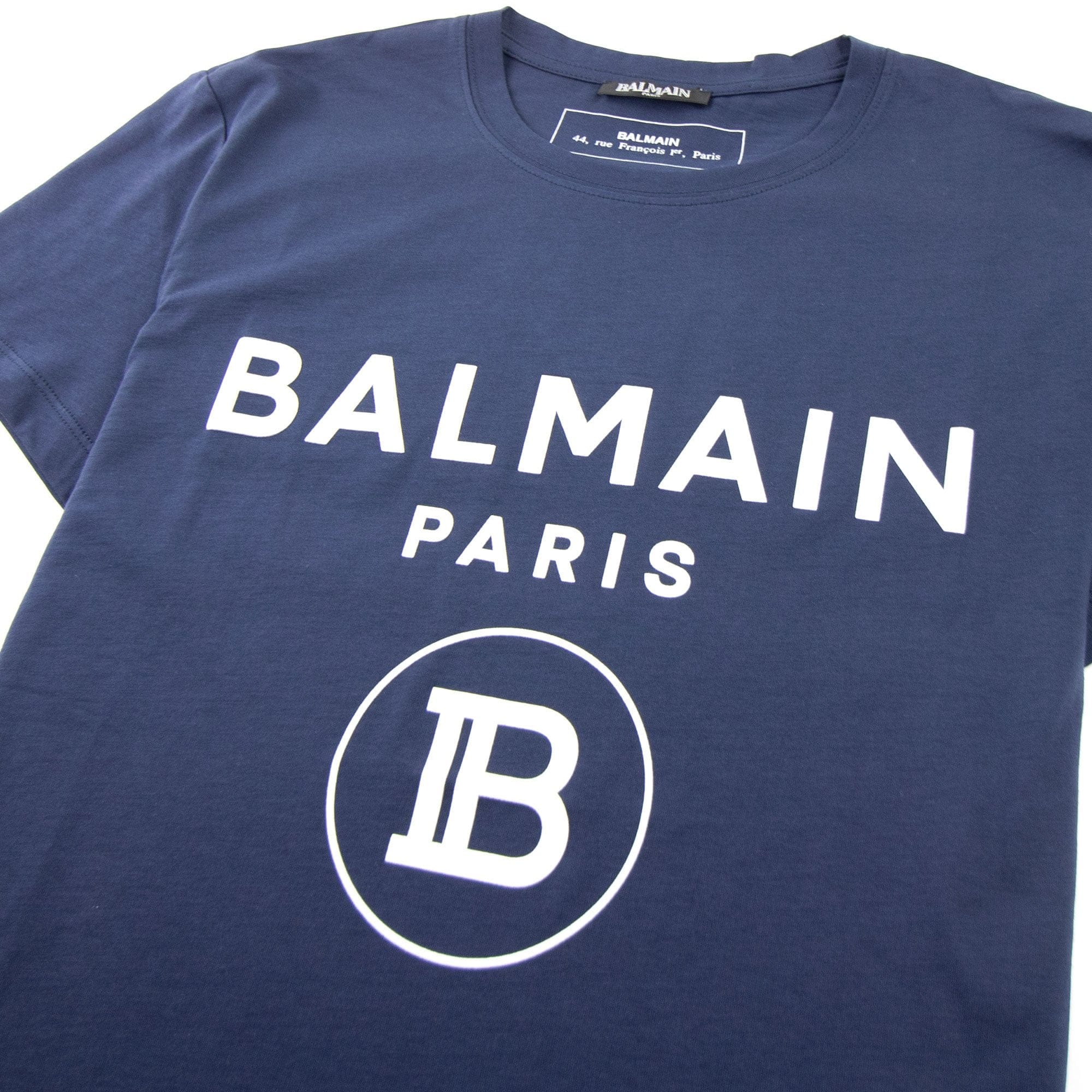 Balmain Printed White Velvet Logo T-Shirt Navy