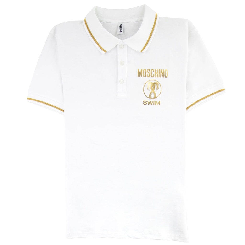 Moschino Swim Flamingo Print Short Sleeve Polo Shirt White 0001