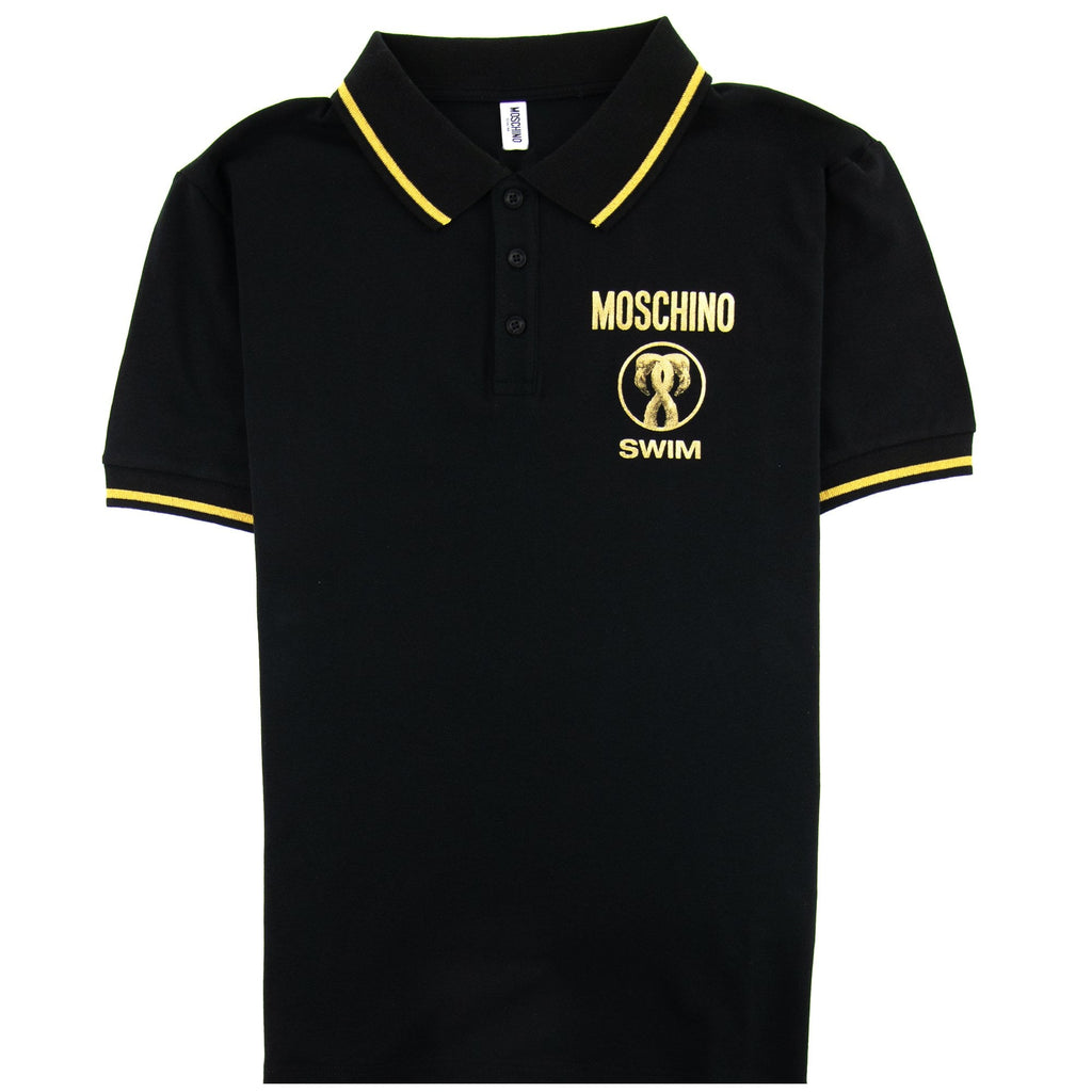 Moschino Swim Flamingo Print Short Sleeve Polo Shirt Black 0555