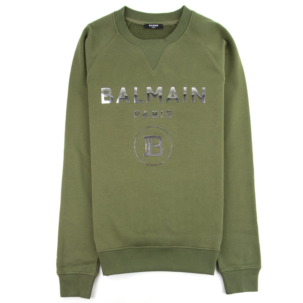 Balmain Silver Logo Cotton Sweatshirt Khaki