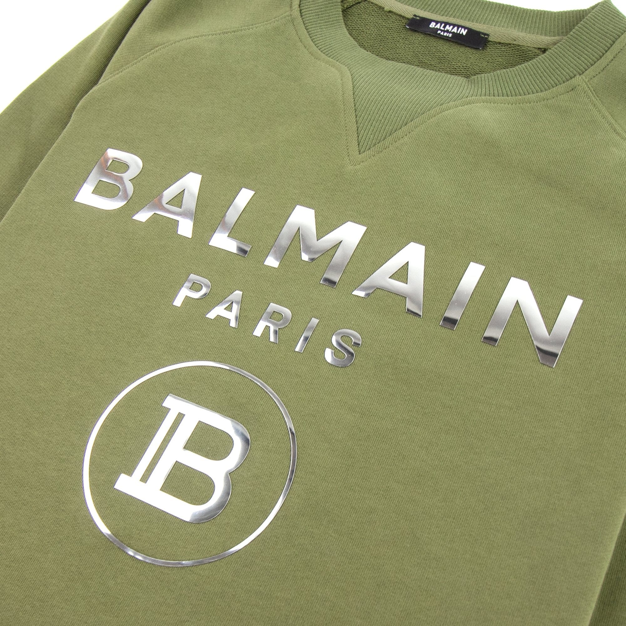 Balmain Silver Logo Cotton Sweatshirt Khaki