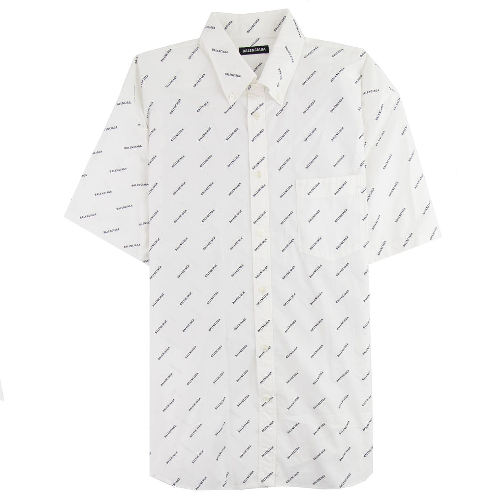 Balenciaga All Over Logo Short Sleeve Shirt White
