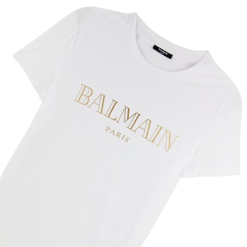 Balmain Logo Print Cotton T Shirt White/gold