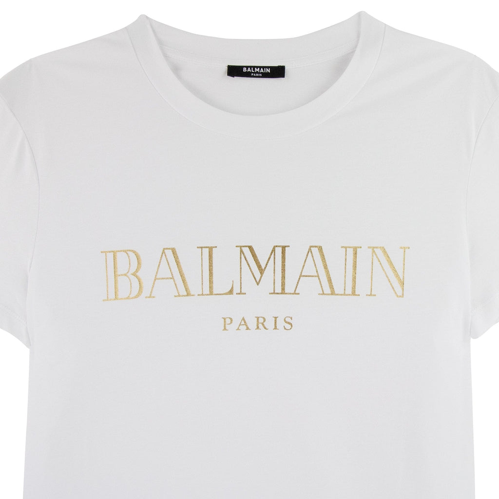 Balmain Logo Print Cotton T Shirt White/gold