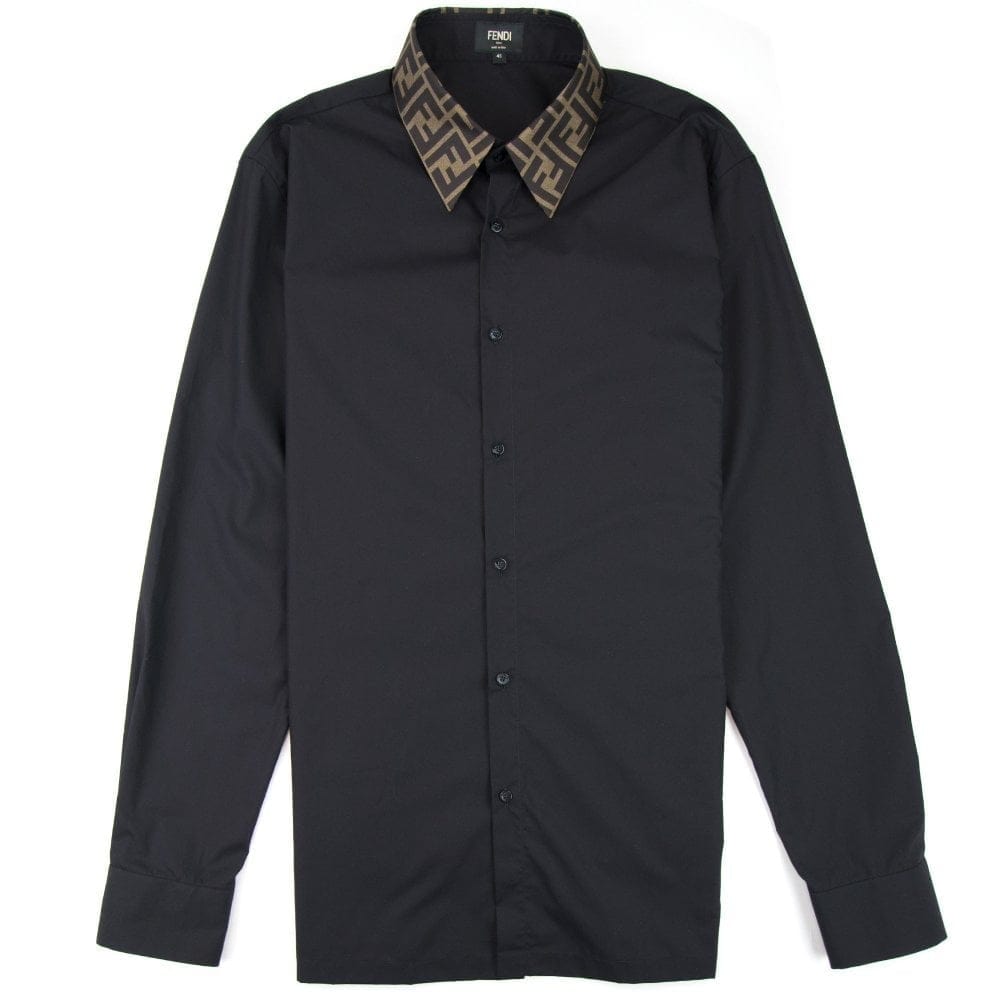 Fendi FF Logo Collar Long Sleeve Shirt Black
