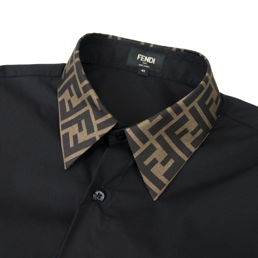 Fendi FF Logo Collar Long Sleeve Shirt Black