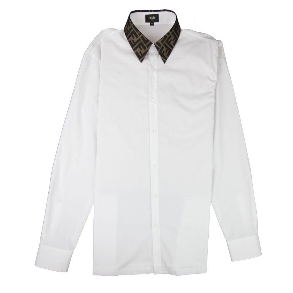 Fendi Ff Logo Collar Long Sleeve Shirt White