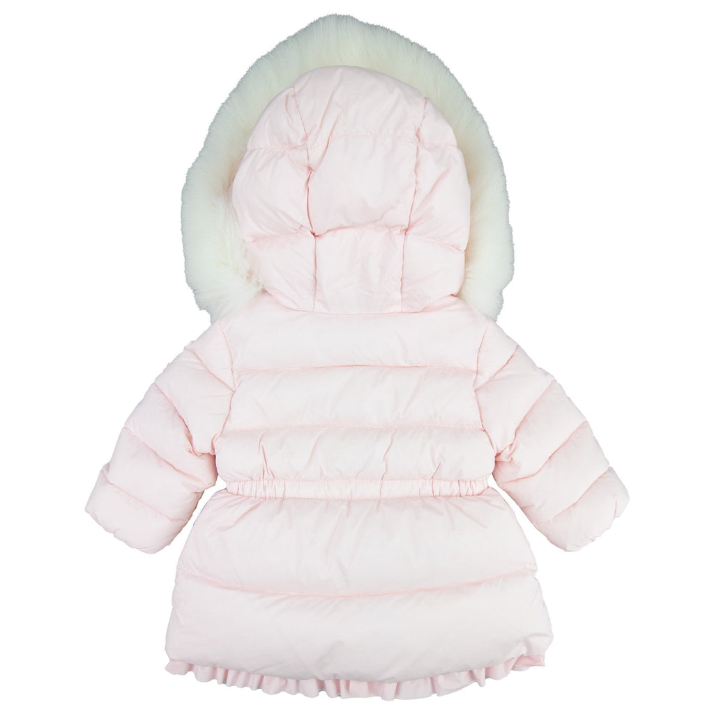 Moncler Junior Kithera Fur Hooded Longline Puffa Jacket Pink 503