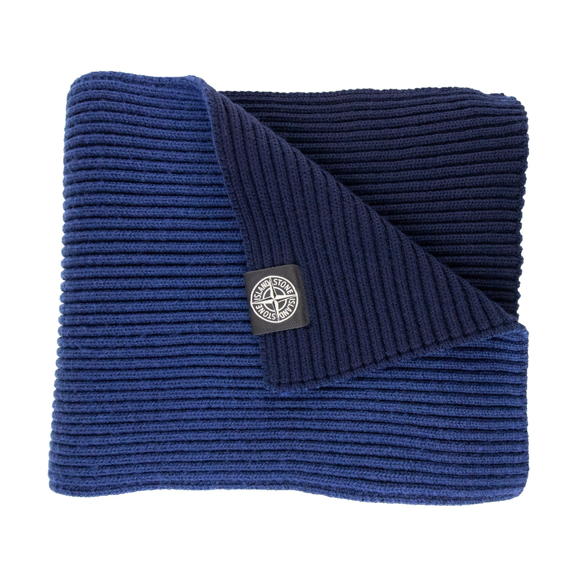 Stone Island Ribbed Wool Patch Logo Scarf Blue V0027