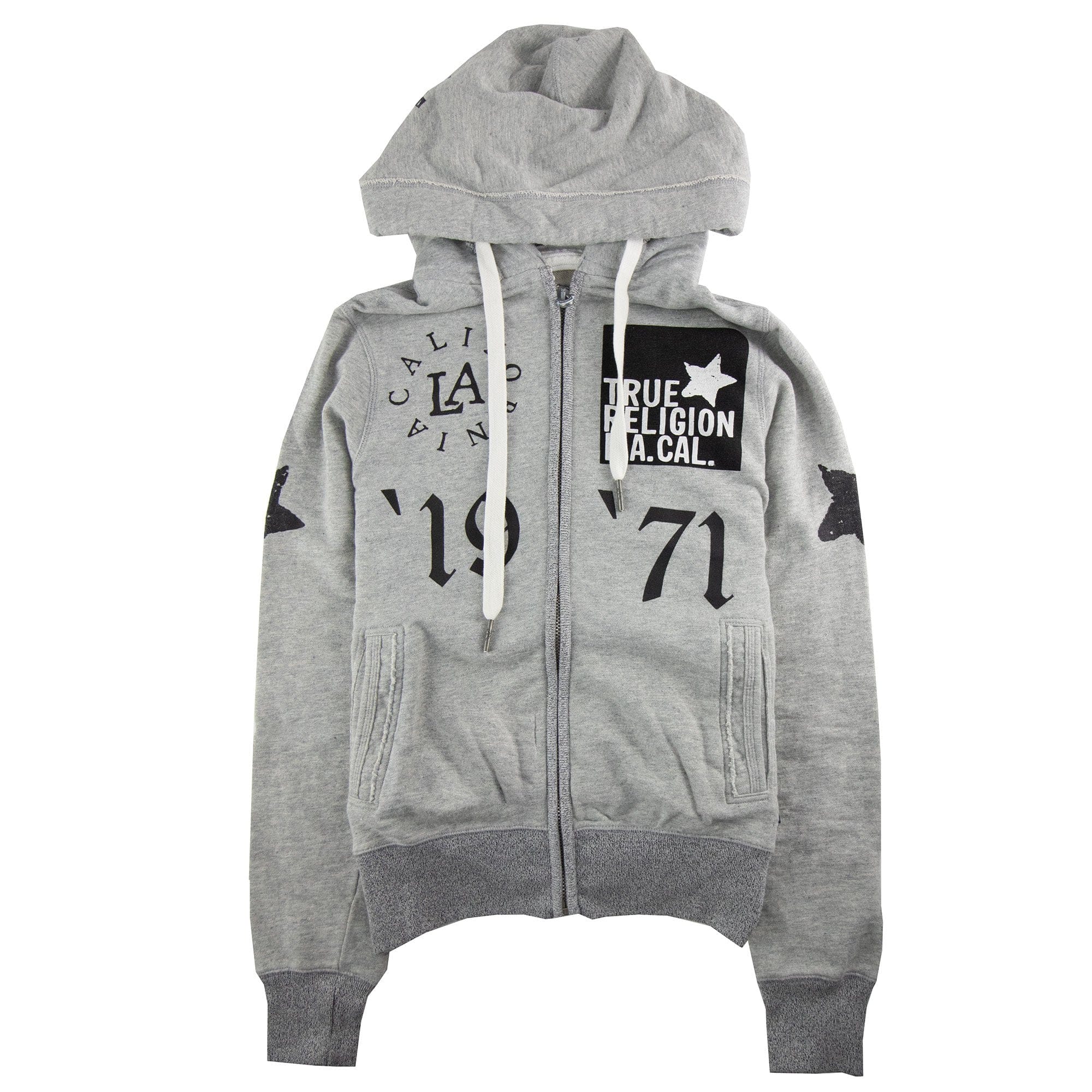 True Religion Multi Logo Zip Up Hoodied Sweatshirt Grey Marl