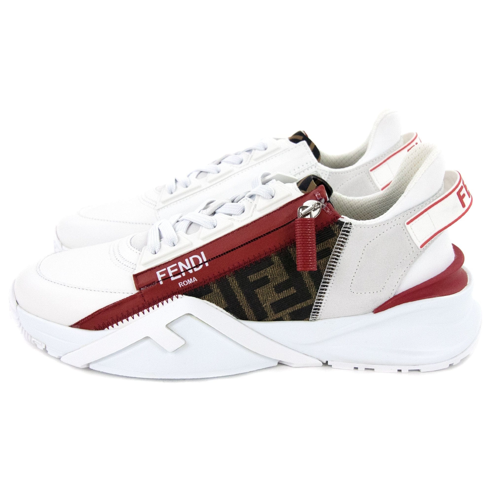 Fendi Flow Logo Print Zipped Leather Trainers White