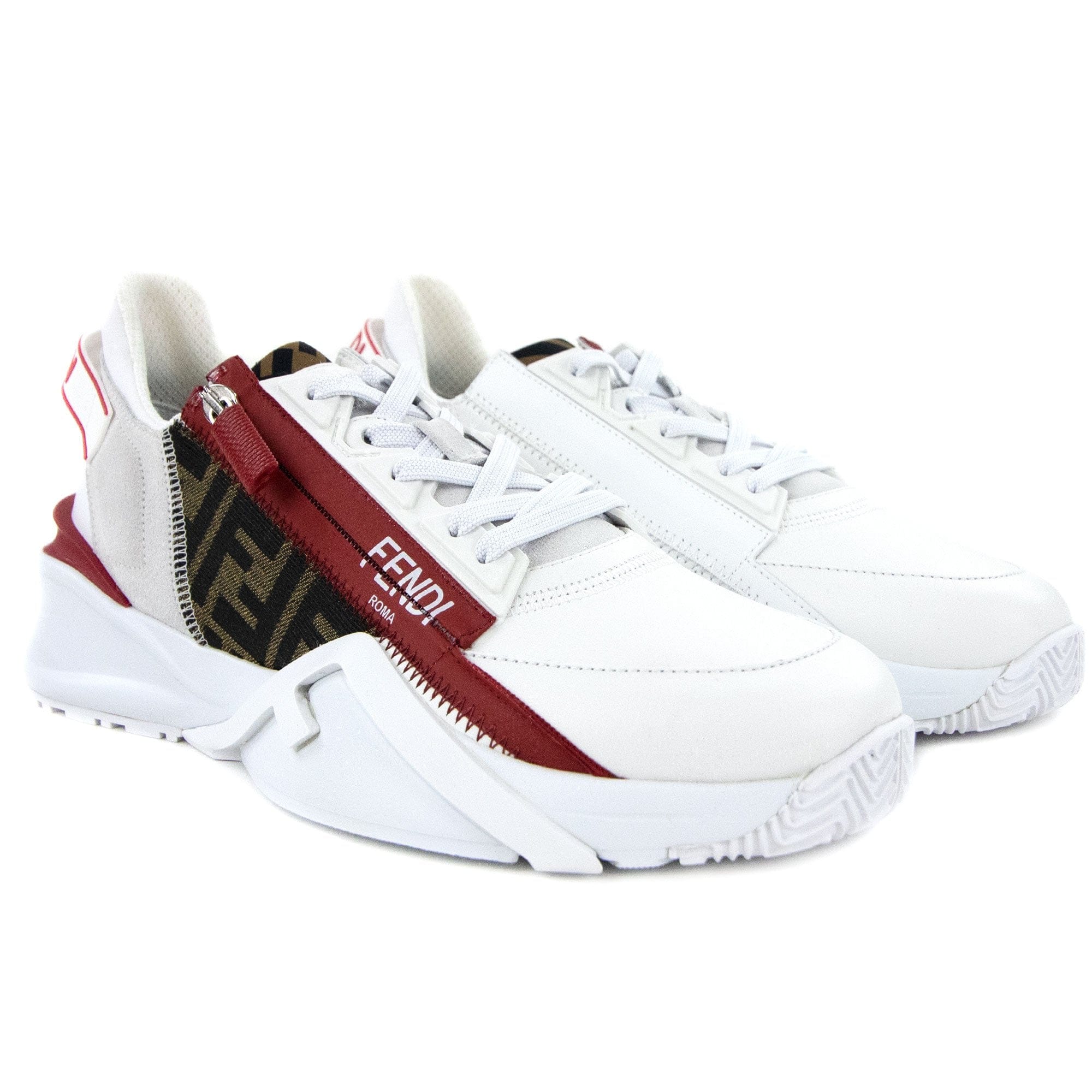 Fendi Flow Logo Print Zipped Leather Trainers White