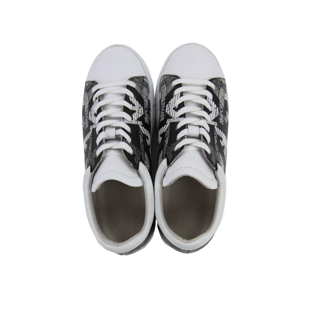 Emporio Armani All Over Print Logo Leather Trainers Bianco/nero