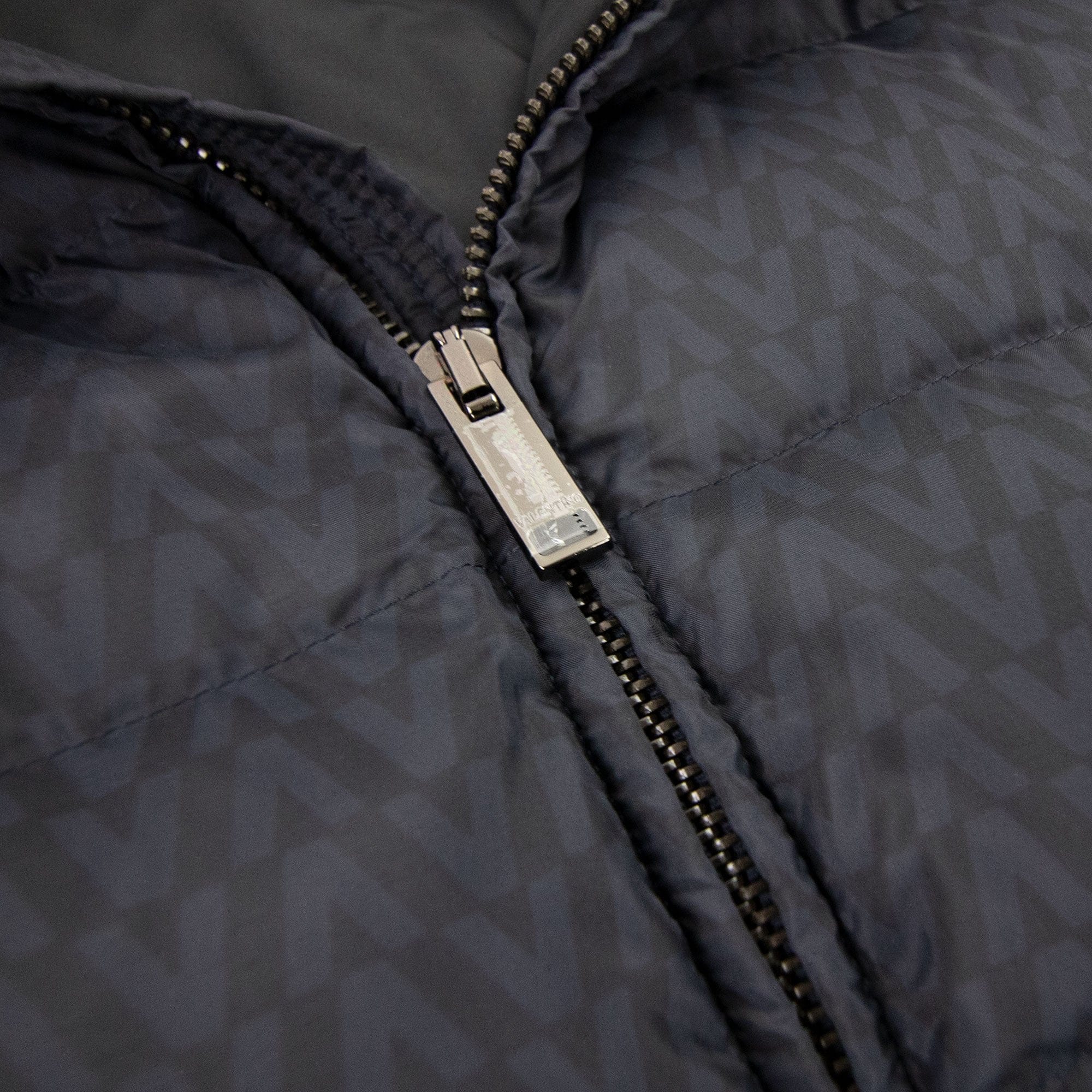 Valentino All Over Optical Valentino Print Hooded Nylon Down Navy