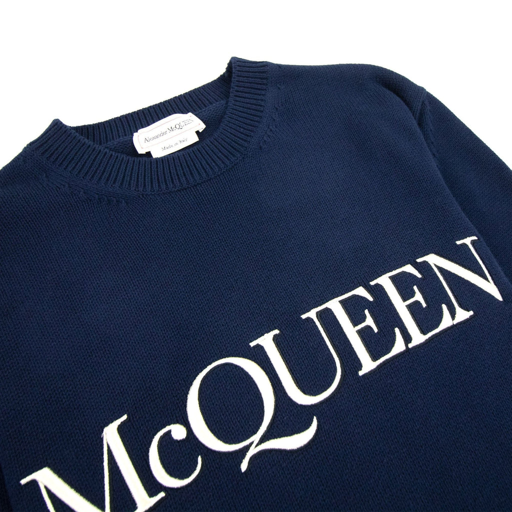 Alexander Mcqueen Embroidered Crew Neck Knitted Jumper Navy 4112