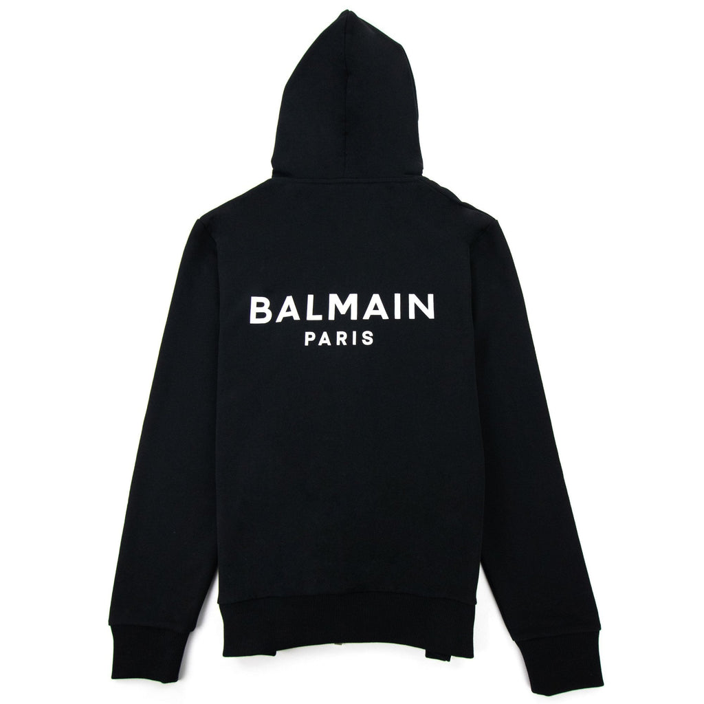 Balmain Logo Print Drawstring Hoodie Black Eab