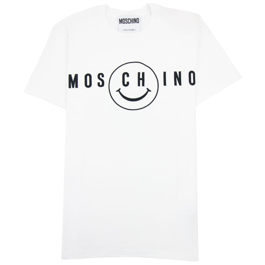 Moschino Couture Smiley Brand Print Cotton Jersey T Shirt White 1001