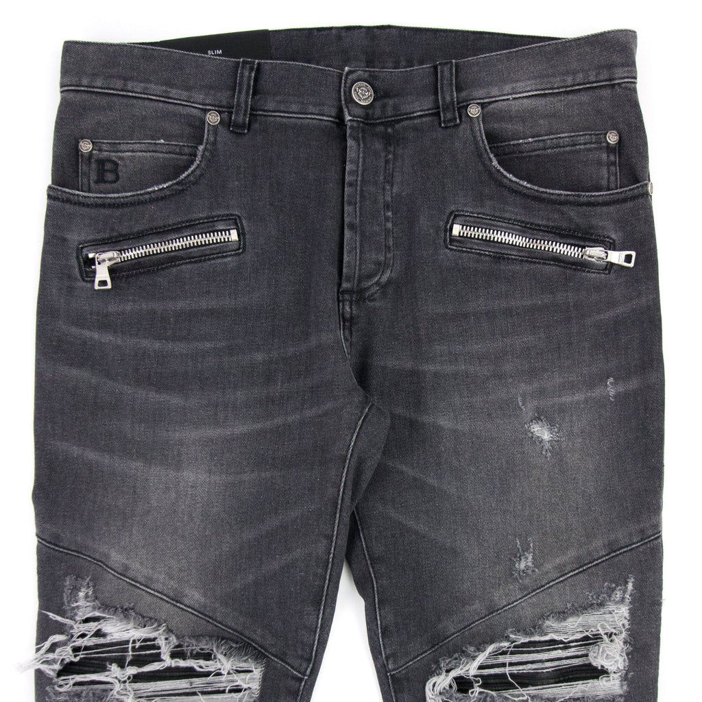 Balmain Slim Cut Ripped Black Faded Cotton Jeans Black