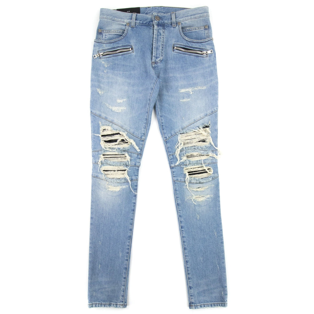 Balmain Slim Cut Ripped Cotton Jeans Denim