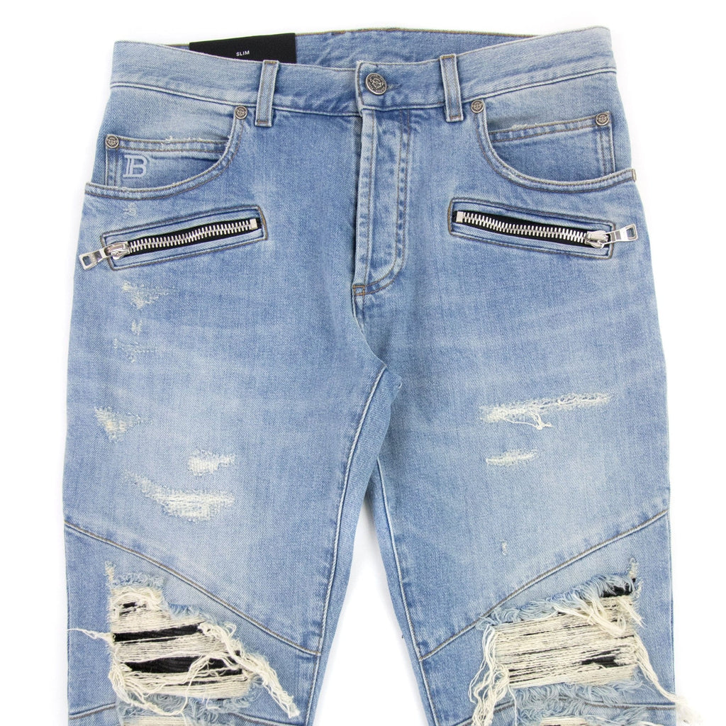 Balmain Slim Cut Ripped Cotton Jeans Denim