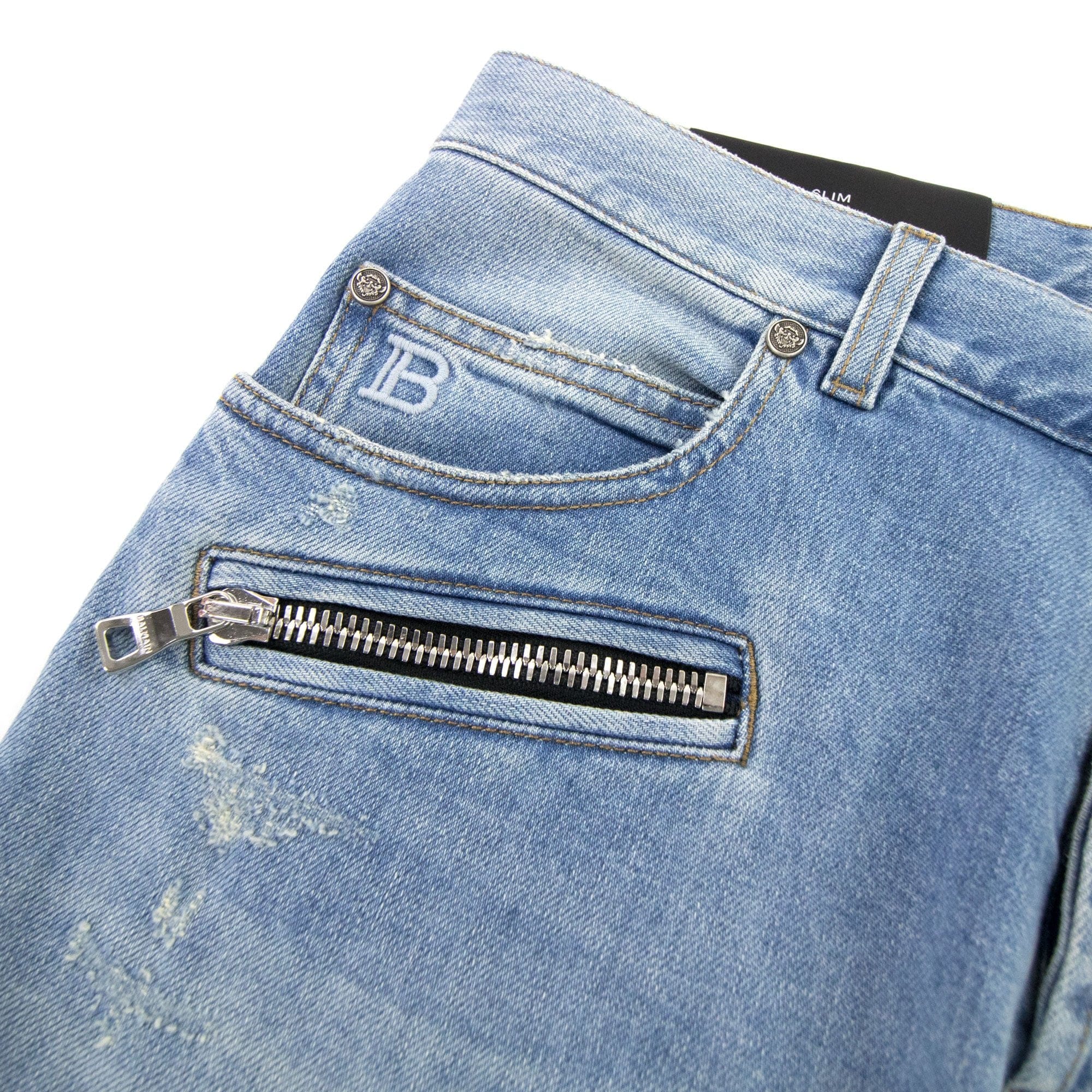 Balmain Slim Cut Ripped Cotton Jeans Denim