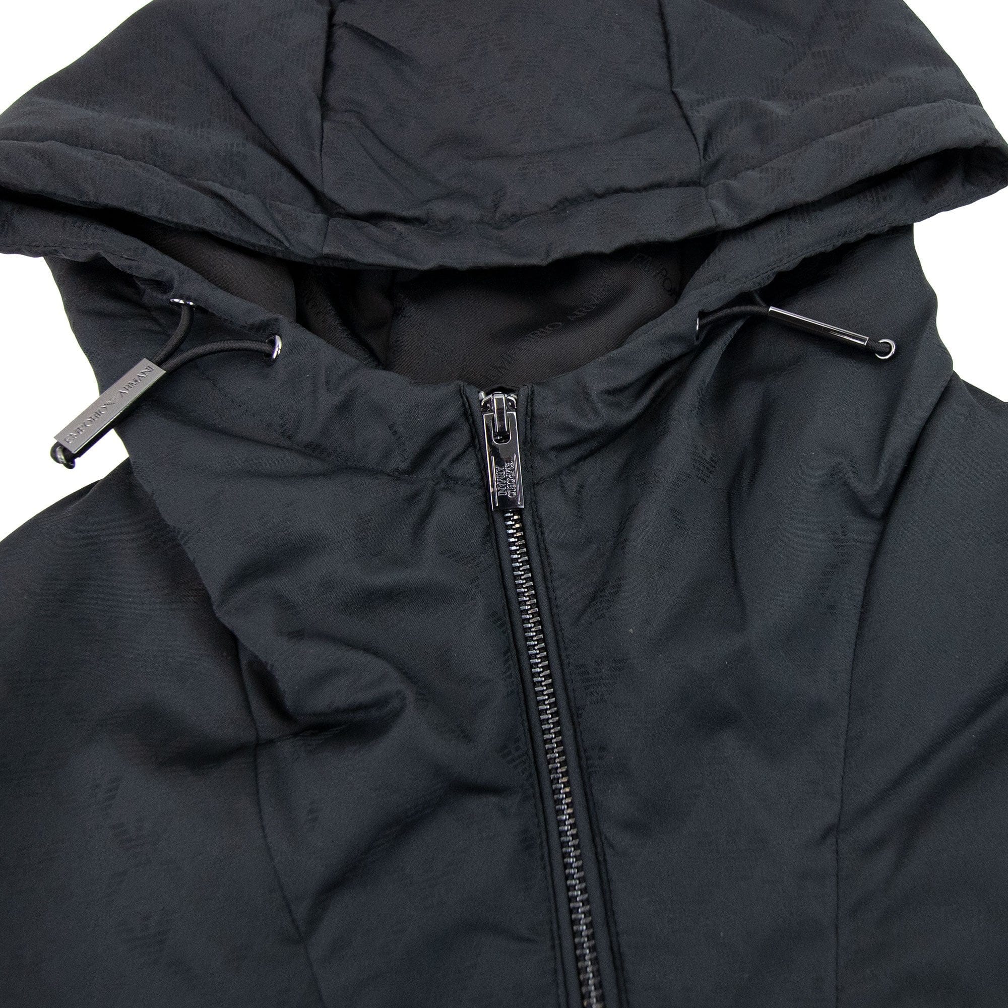 Emporio Armani Hooded Nylon Jacket With All-over Jacquard Monogram Black