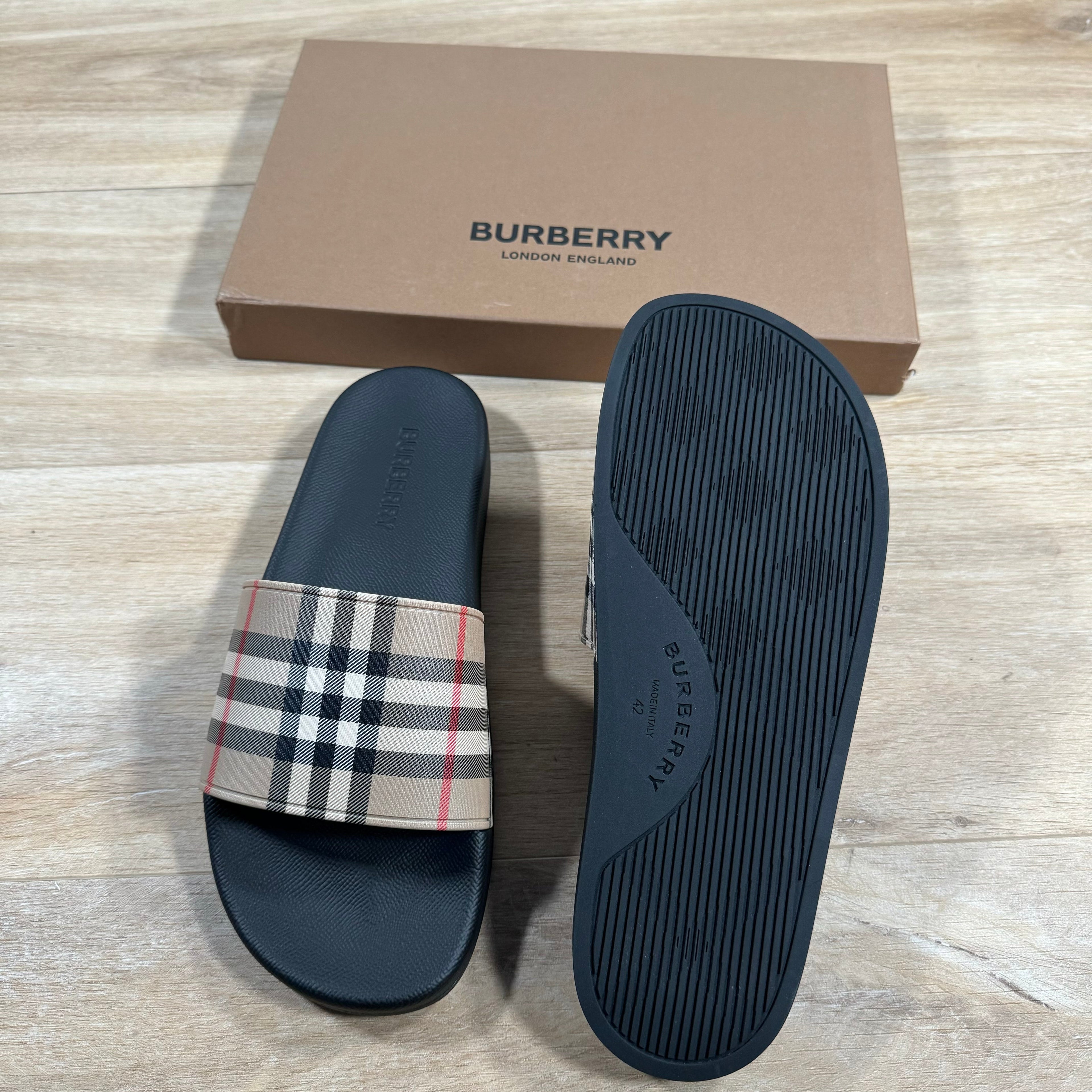 Burberry Furley Check Slides in Archive Beige
