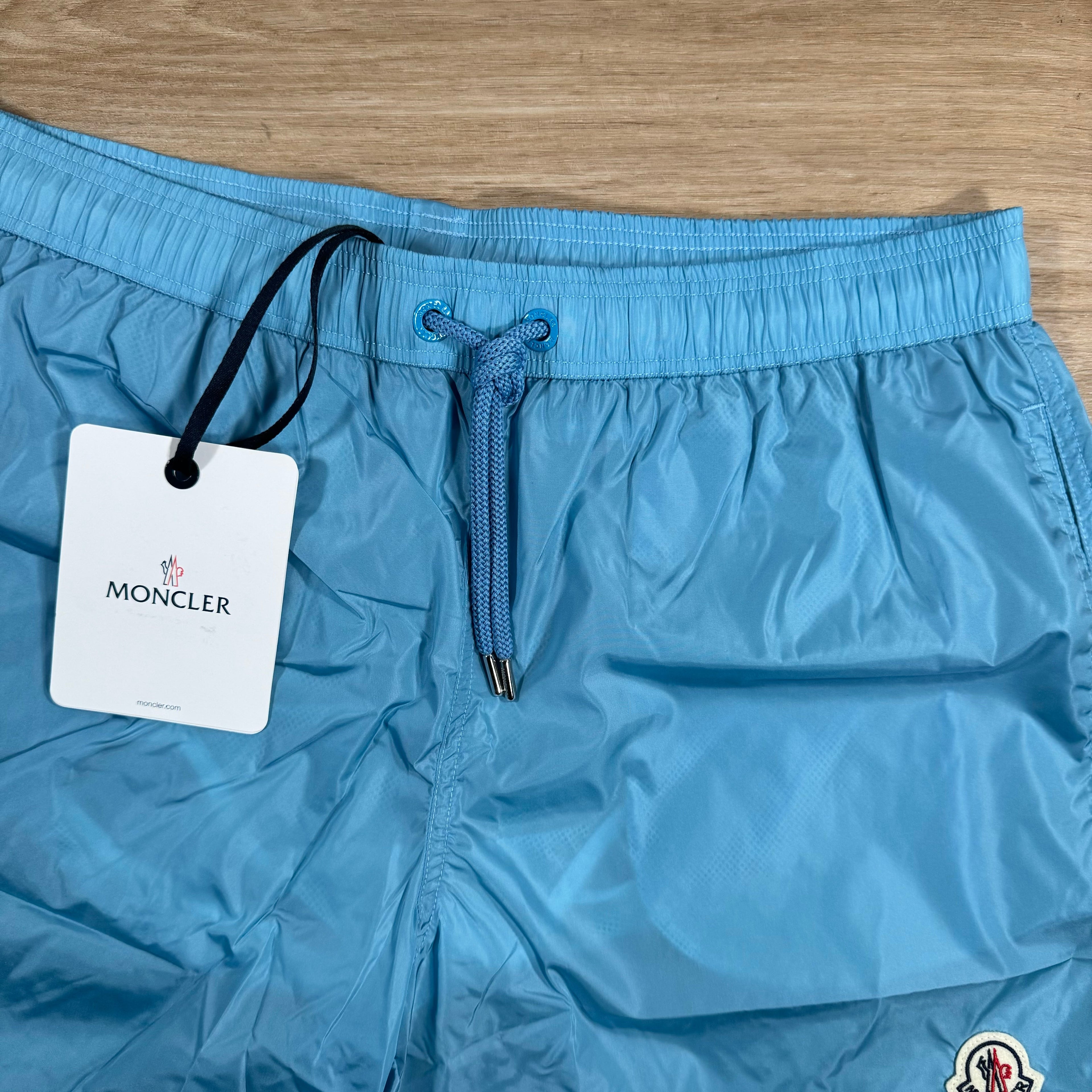 Moncler Logo Patch Swim Shorts in Sky Blue