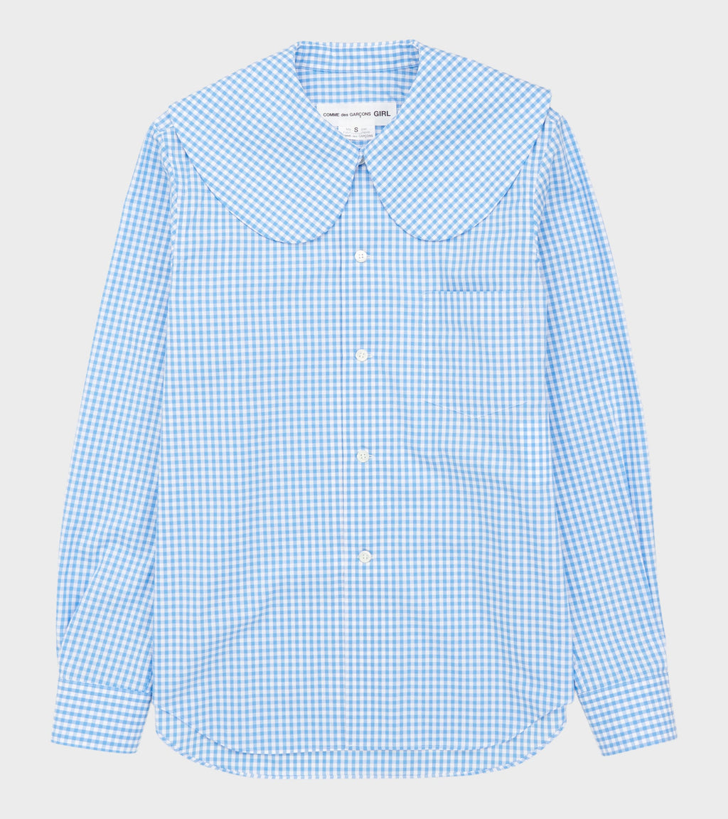 Big Round Collar Check Shirt Light Blue/White