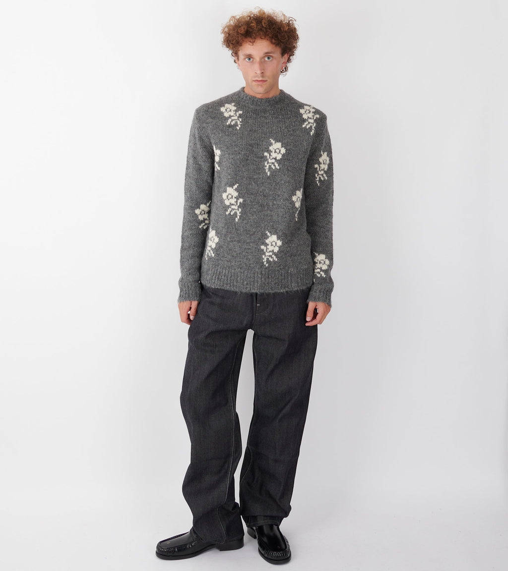 Wool Alpaca Flower Intarsia Knit Grey