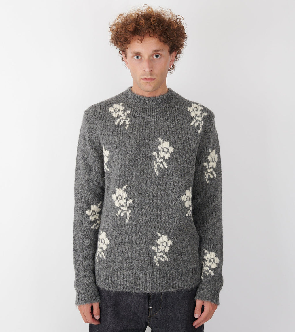 Wool Alpaca Flower Intarsia Knit Grey