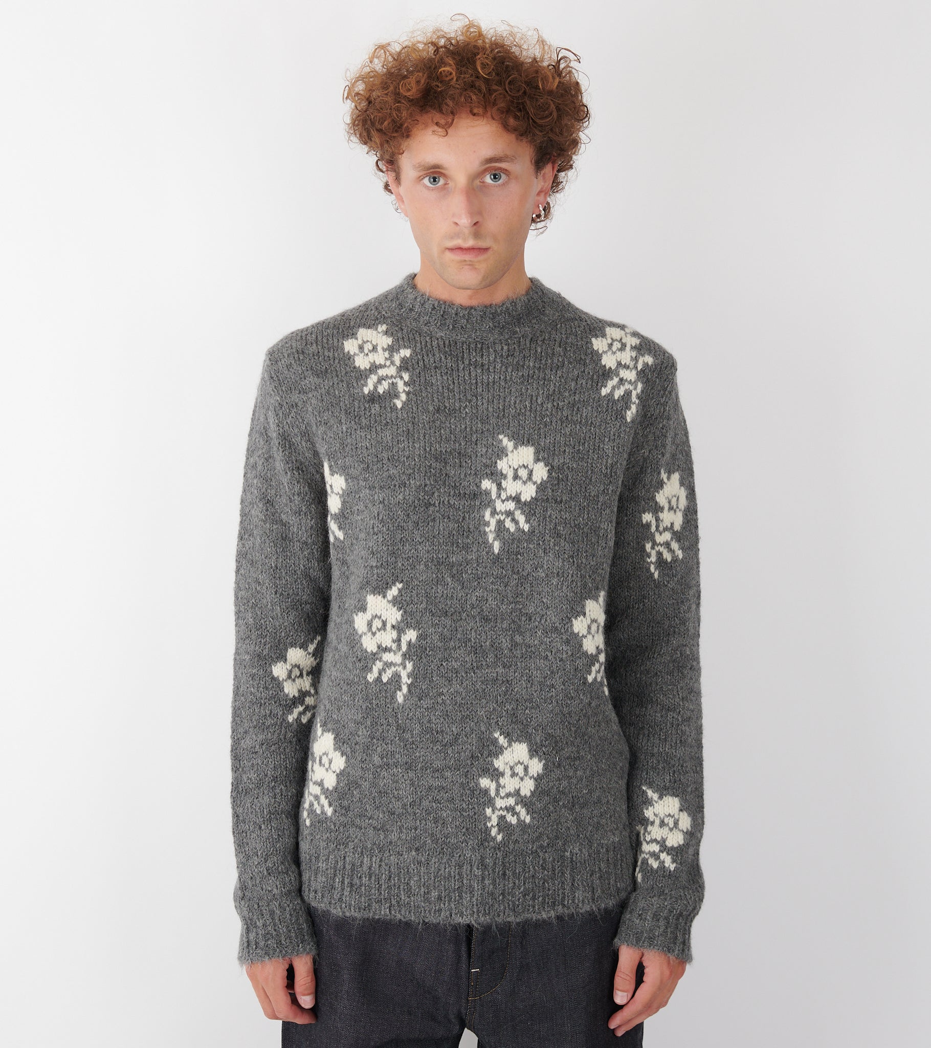 Wool Alpaca Flower Intarsia Knit Grey