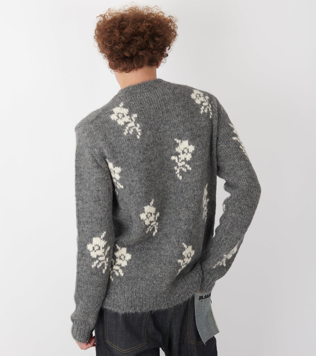 Wool Alpaca Flower Intarsia Knit Grey