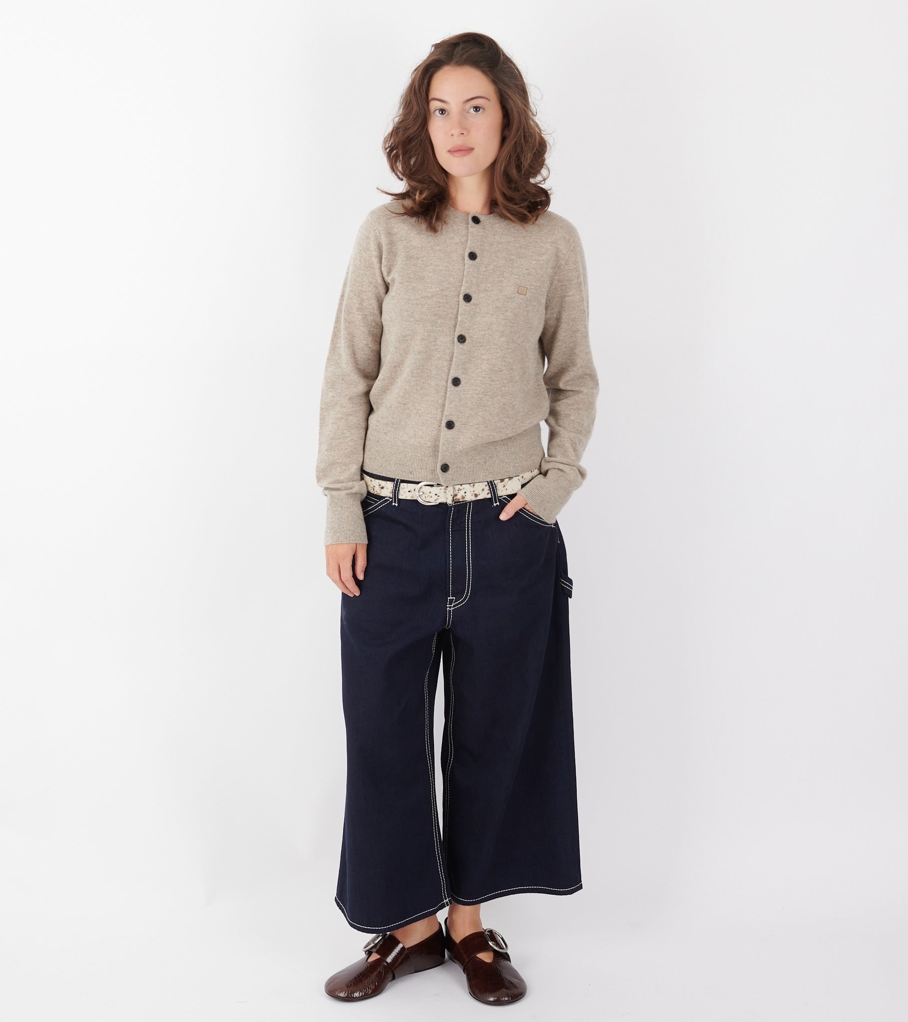 Face Logo Wool Cardigan Greige Melange