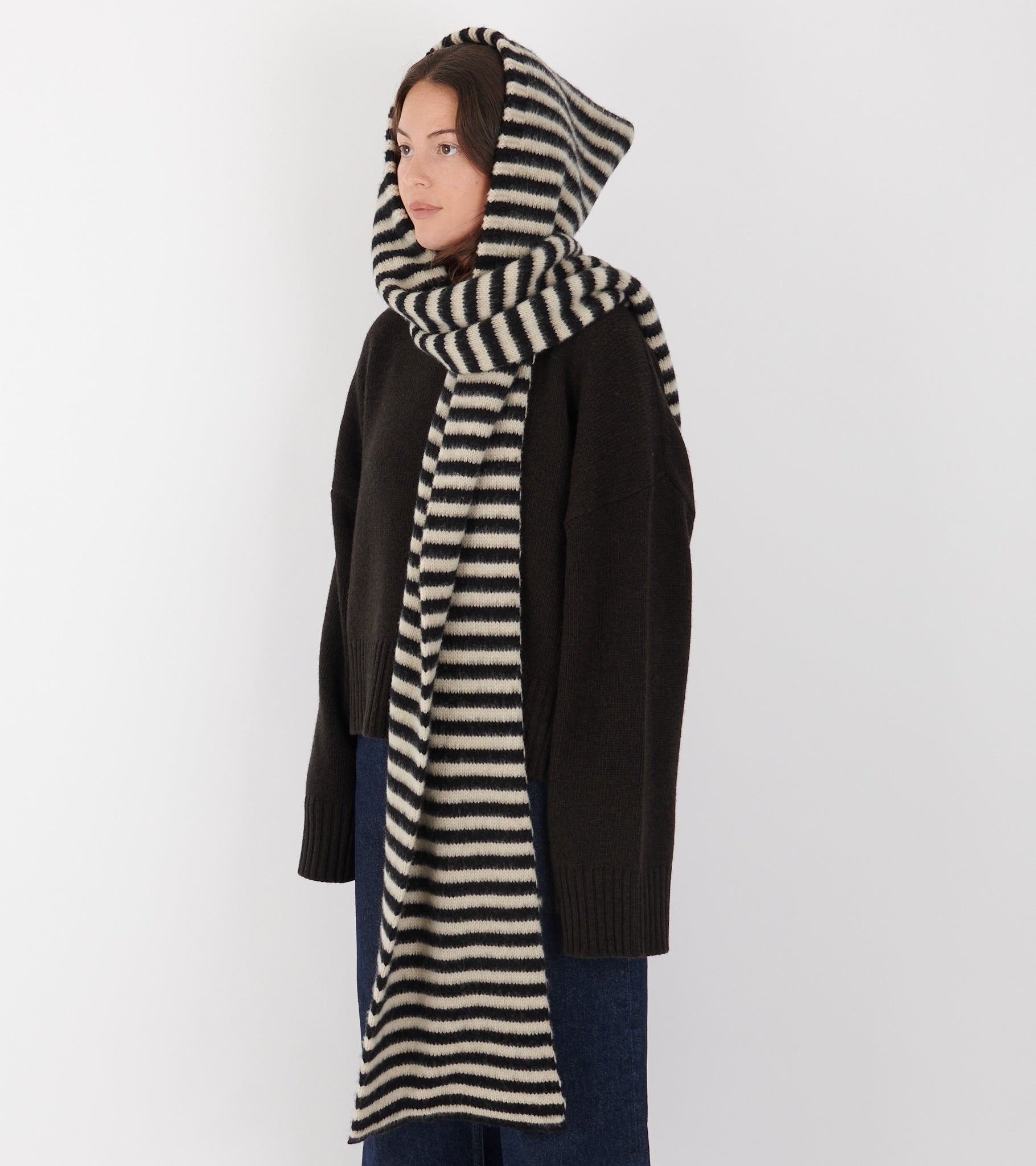 Striped Brushed Hood Scarf Black/Oatmeal