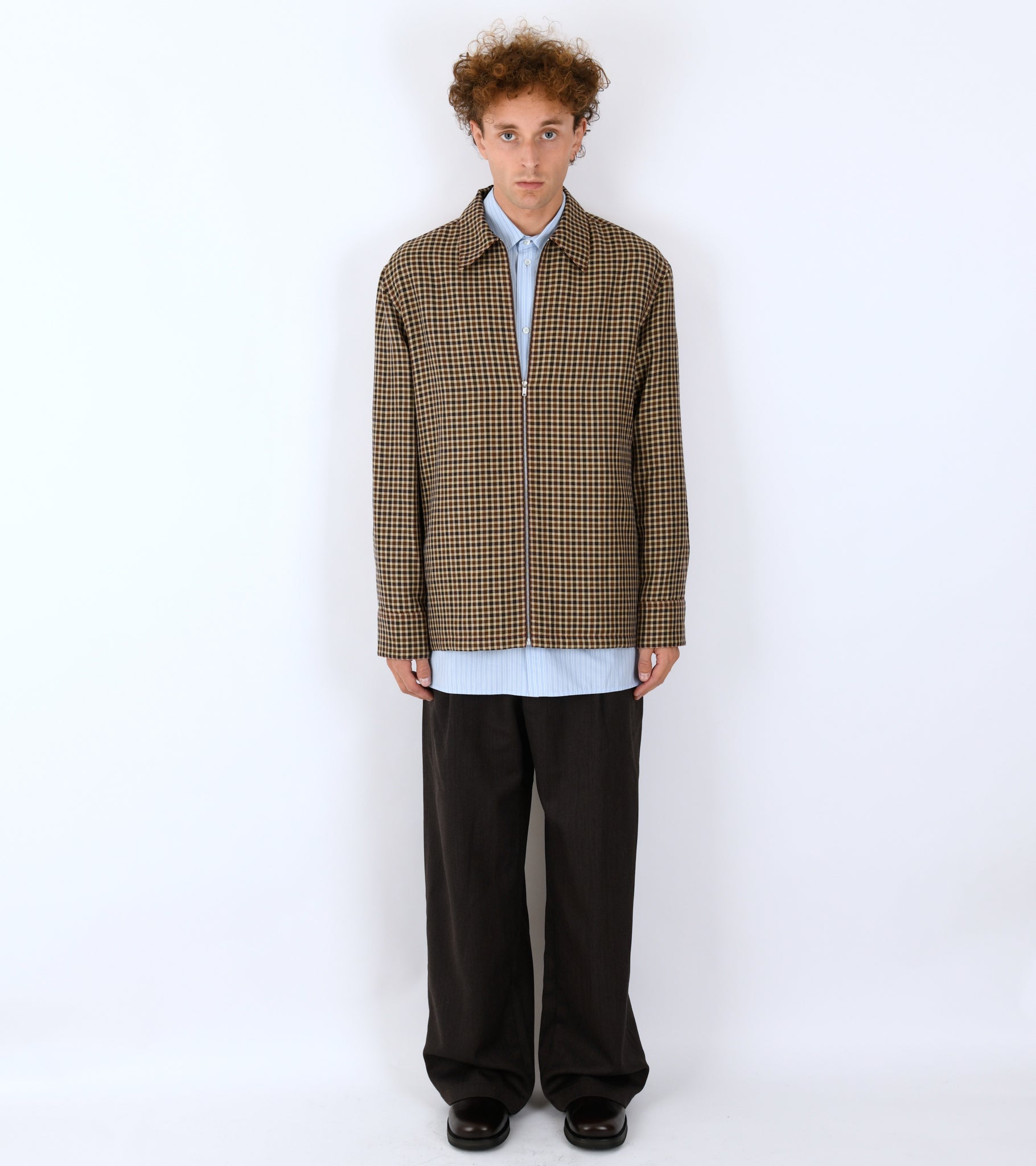 Light Wool Linen Micro Check Shirt Hazelnut Mouline