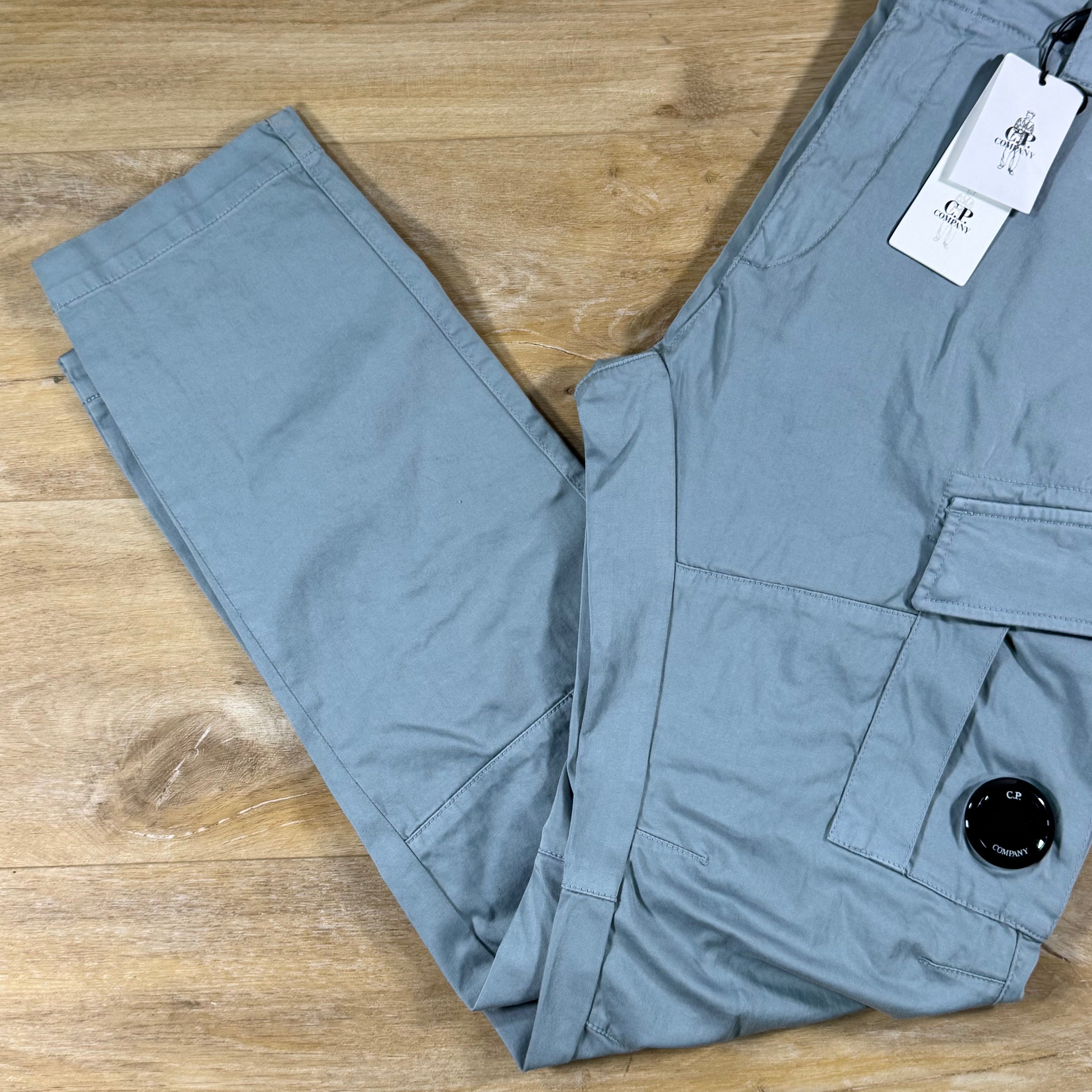 C.P. Company Stretch Sateen Ergonomic Lens Cargo Pants in Silver Blue