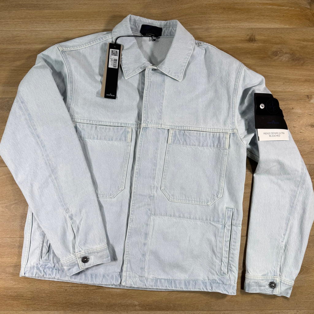 Stone Island Indigo Denim-Ultra Bleached Overshirt in Blue Extra Bleach