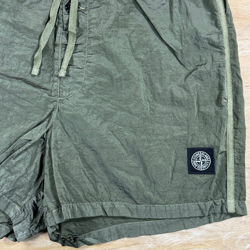 Stone Island Nylon Metal Button Swim Shorts in Military Green