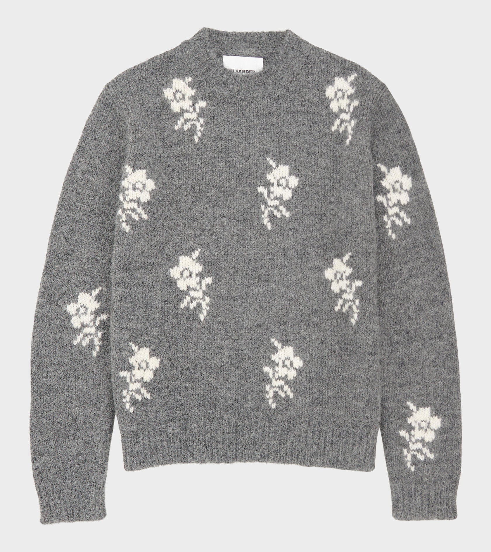 Wool Alpaca Flower Intarsia Knit Grey