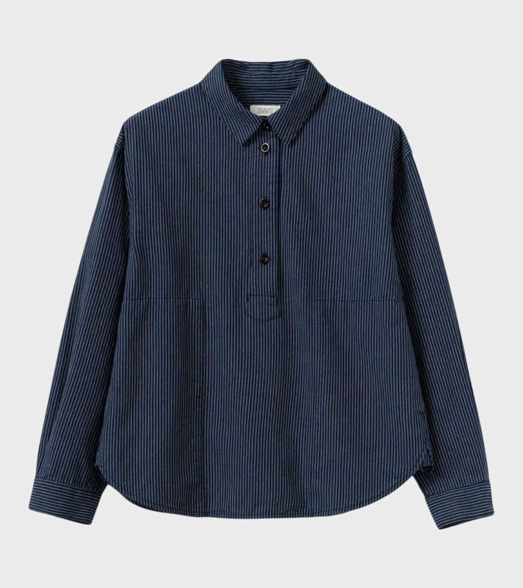 Railroad Stripe Popover Smock Shirt Denim Blue